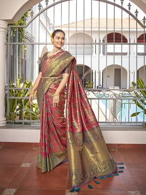 women's banarasi woven pink with blue saree with heavy jacquard work saree with blouse piece 1
