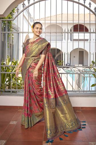 women's banarasi woven pink with blue saree with heavy jacquard work saree with blouse piece
