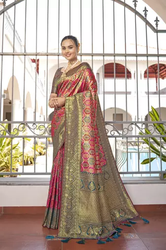 women's banarasi woven pink with blue saree with heavy jacquard work saree with blouse piece