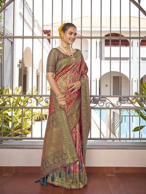 women's banarasi woven pink with blue saree with heavy jacquard work saree with blouse piece 3