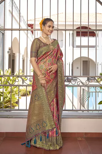 women's banarasi woven pink with blue saree with heavy jacquard work saree with blouse piece