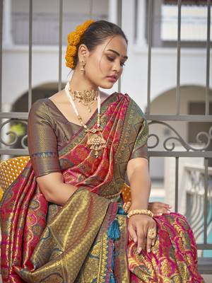 women's banarasi woven pink with blue saree with heavy jacquard work saree with blouse piece 4