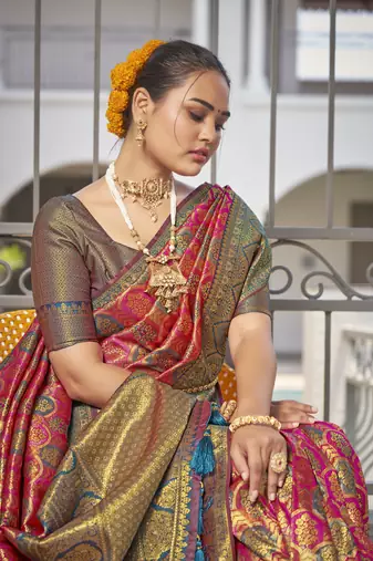 women's banarasi woven pink with blue saree with heavy jacquard work saree with blouse piece