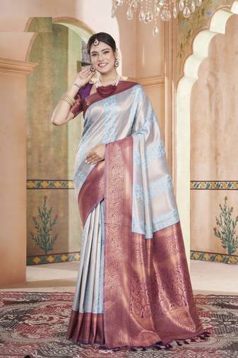 Sky Kanchivaram Silk Zari Weaving With Gold Zari Border And Pallu Saree With Blouse For Women
