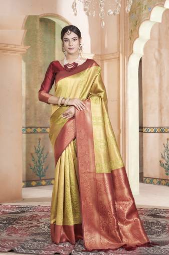 Yellow Kanchivaram Silk Zari Weaving With Gold Zari Border And Pallu Saree With Blouse For Women