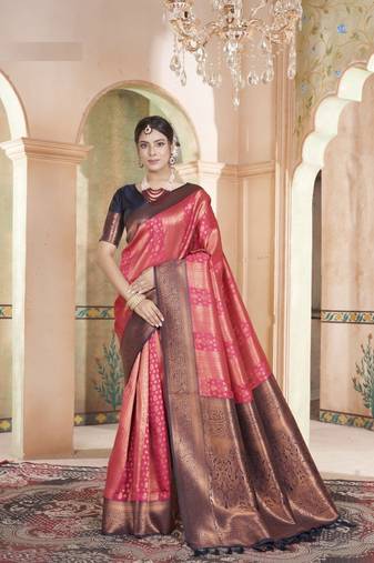 Pink Kanchivaram Silk Zari Weaving With Gold Zari Border And Pallu Saree With Blouse For Women