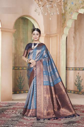 Teal Kanchivaram Silk Zari Weaving With Gold Zari Border And Pallu Saree With Blouse For Women