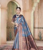 Teal Kanchivaram Silk Zari Weaving With Gold Zari Border And Pallu Saree With Blouse For Women