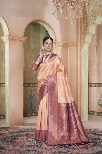 Peach Kanchivaram Silk Zari Weaving With Gold Zari Border And Pallu Saree With Blouse For Women