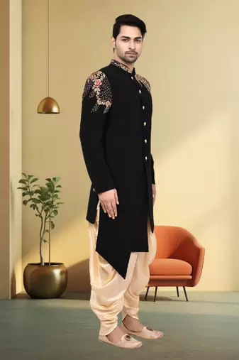 Art silk black embroidery sherwani for men's