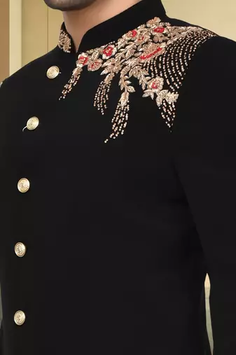 Art silk black embroidery sherwani for men's
