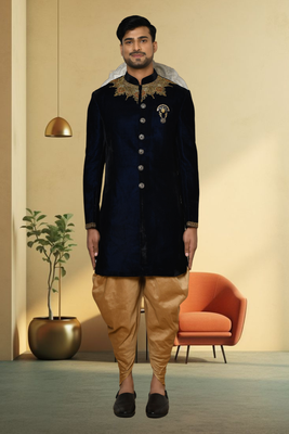 Valvet navy blue handwork sherwani for men's 1