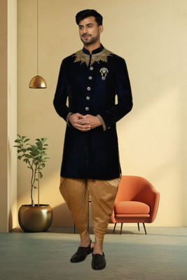 Valvet navy blue handwork sherwani for men's 2