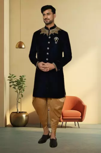 Valvet navy blue handwork sherwani for men's