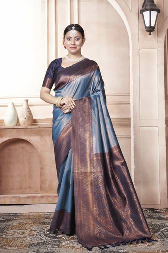 Teal Kanchivaram Silk Zari Weaving With Gold Zari Border And Pallu Saree With Blouse For Women