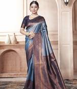 Teal Kanchivaram Silk Zari Weaving With Gold Zari Border And Pallu Saree With Blouse For Women