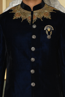 Valvet navy blue handwork sherwani for men's 4
