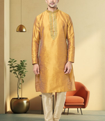 Peach art silk embroidery kurta churidar for men's