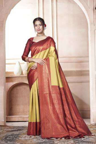 Mustard Kanchivaram Silk Zari Weaving With Gold Zari Border And Pallu Saree With Blouse For Women