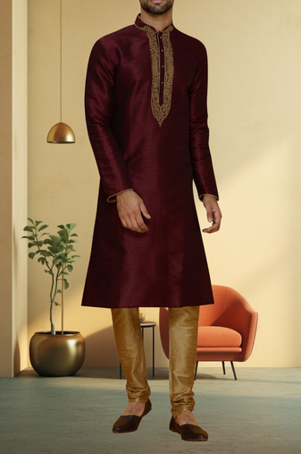 Wine art silk embroidery kurta churidar for men's