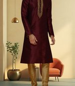 Wine art silk embroidery kurta churidar for men's