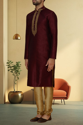 Wine art silk embroidery kurta churidar for men's 2