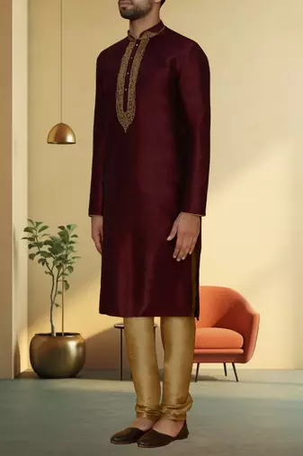 Wine art silk embroidery kurta churidar for men's