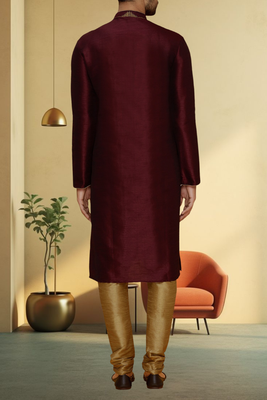 Wine art silk embroidery kurta churidar for men's 3