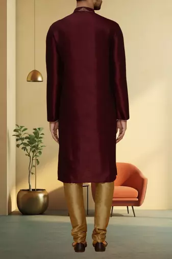 Wine art silk embroidery kurta churidar for men's