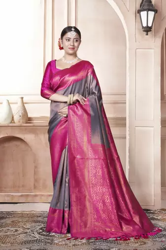 Rani Pink Kanchivaram Silk Zari Weaving With Gold Zari Border And Pallu Saree With Blouse For Women