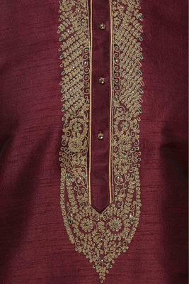 Wine art silk embroidery kurta churidar for men's 4