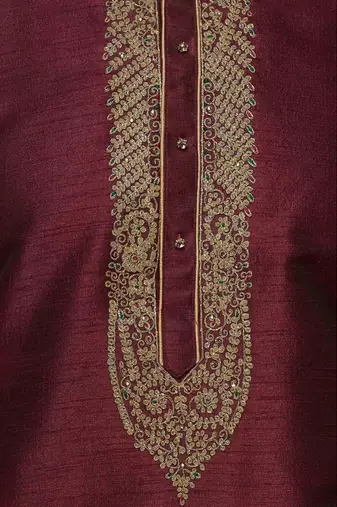 Wine art silk embroidery kurta churidar for men's