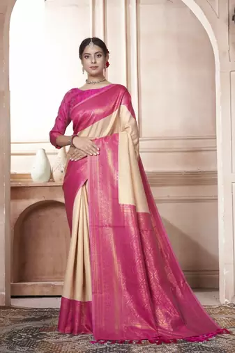 Off White Kanchivaram Silk Zari Weaving With Gold Zari Border And Pallu Saree With Blouse For Women