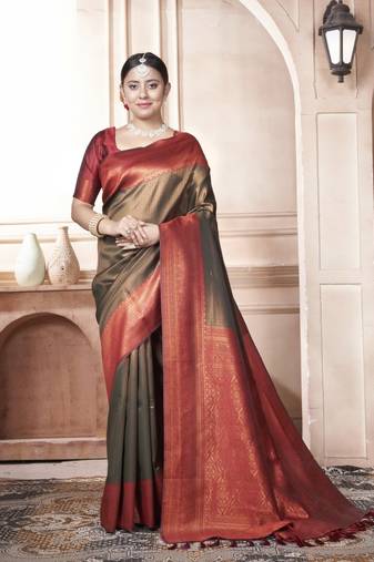 Mehandi Kanchivaram Silk Zari Weaving With Gold Zari Border And Pallu Saree With Blouse For Women