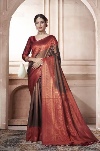 Brown Kanchivaram Silk Zari Weaving With Gold Zari Border And Pallu Saree With Blouse For Women