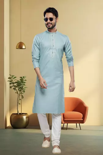 Sky blue art silk embroidery kurta churidar for men's