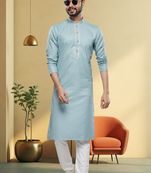 Sky blue art silk embroidery kurta churidar for men's