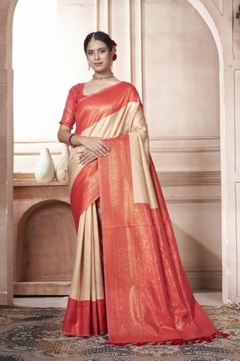 Orange Kanchivaram Silk Zari Weaving With Gold Zari Border And Pallu Saree With Blouse For Women