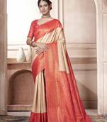 Orange Kanchivaram Silk Zari Weaving With Gold Zari Border And Pallu Saree With Blouse For Women