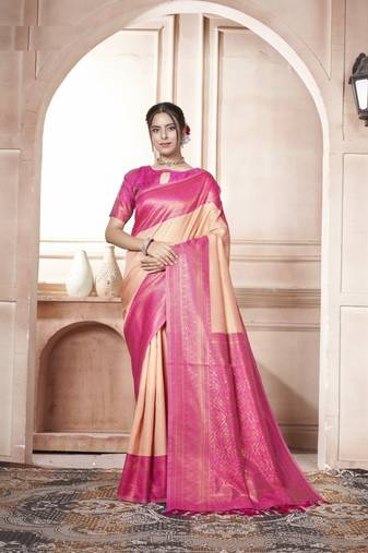 light Pink Kanchivaram Silk Zari Weaving With Gold Zari Border And Pallu Saree With Blouse For Women