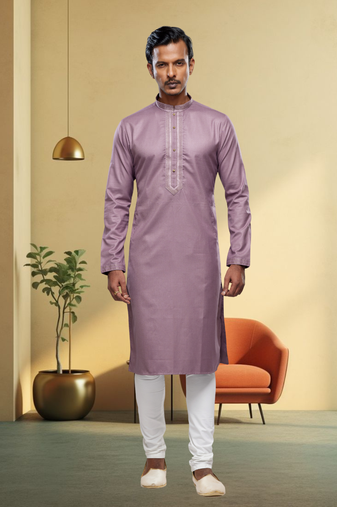 Powder pink art silk embroidery kurta churidar for men's