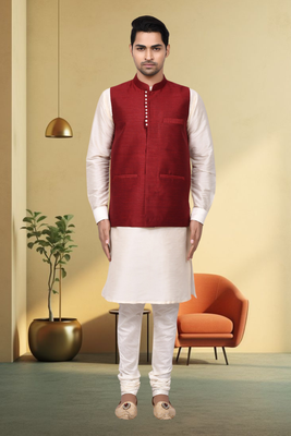 Maroon jacket off white kurta churidar for men's 1