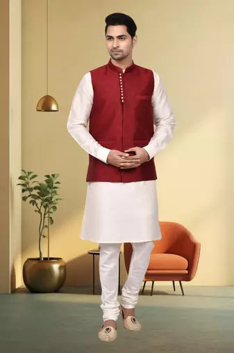 Maroon jacket off white kurta churidar for men's