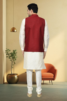 Maroon jacket off white kurta churidar for men's 3