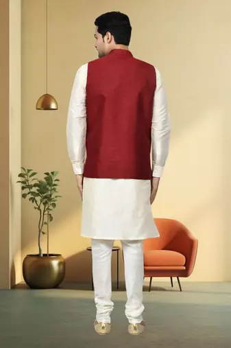 Maroon jacket off white kurta churidar for men's