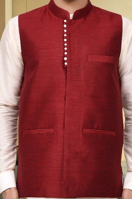 Maroon jacket off white kurta churidar for men's 4