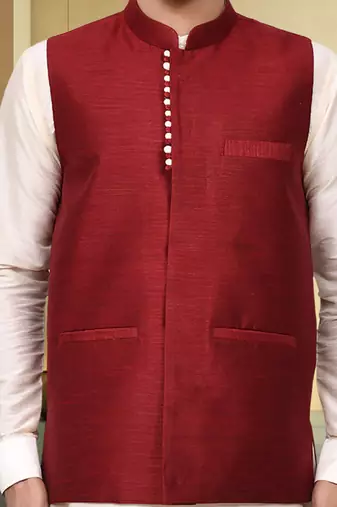 Maroon jacket off white kurta churidar for men's