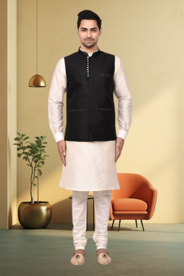 Black jacket off white kurta churidar for men's 1