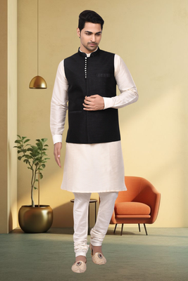 Black jacket off white kurta churidar for men's 2