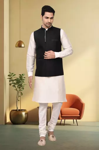 Black jacket off white kurta churidar for men's